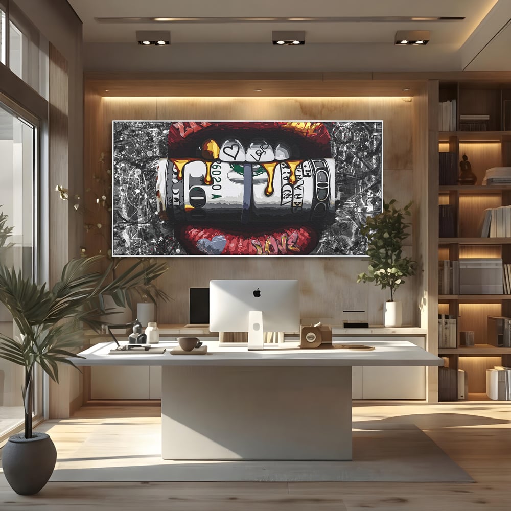 Tablou canvas cu tablou canvas cu buze rosii si dolari, in rama de aluminiu argintiu, pe perete intr-un birou